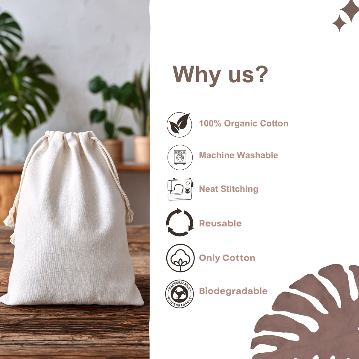 8x10 cm (3x4 inches) Natural Cotton Double Drawstring Bags